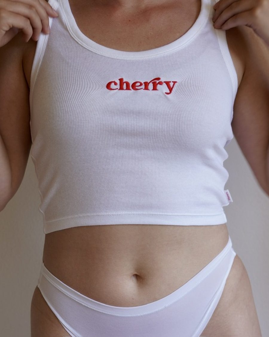 The Cherry Tank, women's, white with red cherry embroidery