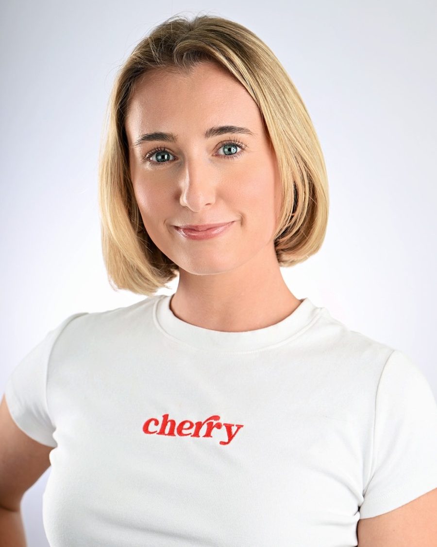 The Cherry Tee, women's, white with red cherry embroidery